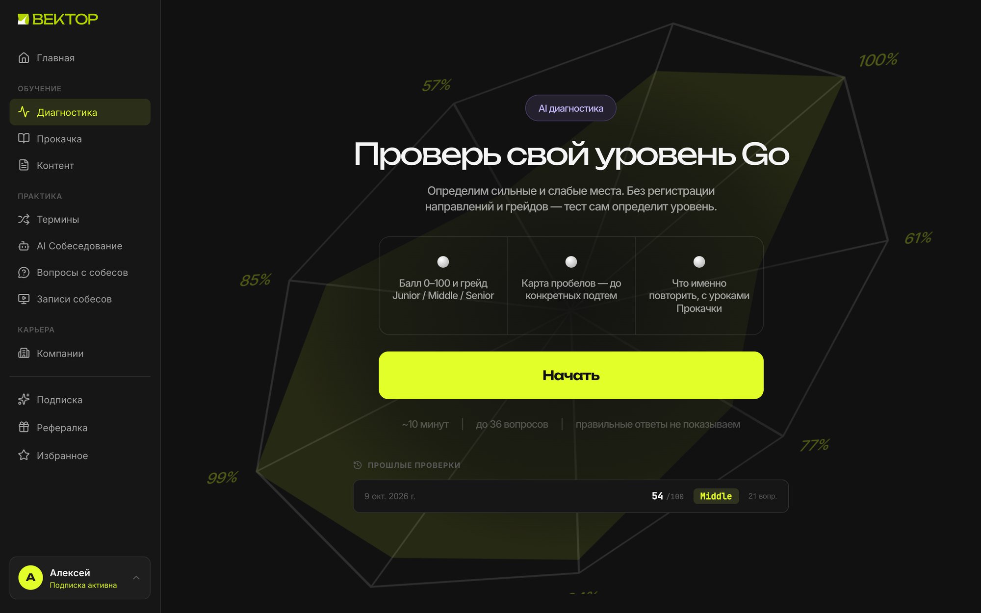 Стартовый экран диагностики уровня Go