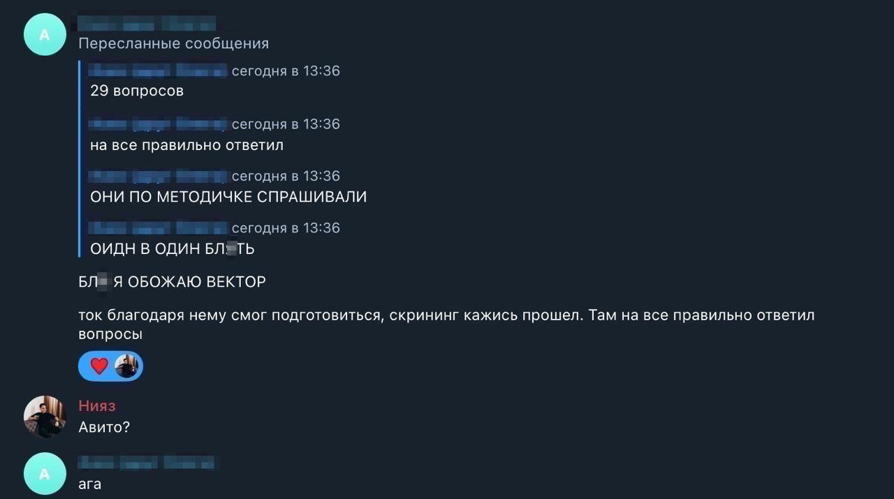 Отзыв участника: прошел скрининг в Авито, вопросы совпали с базой Вектора